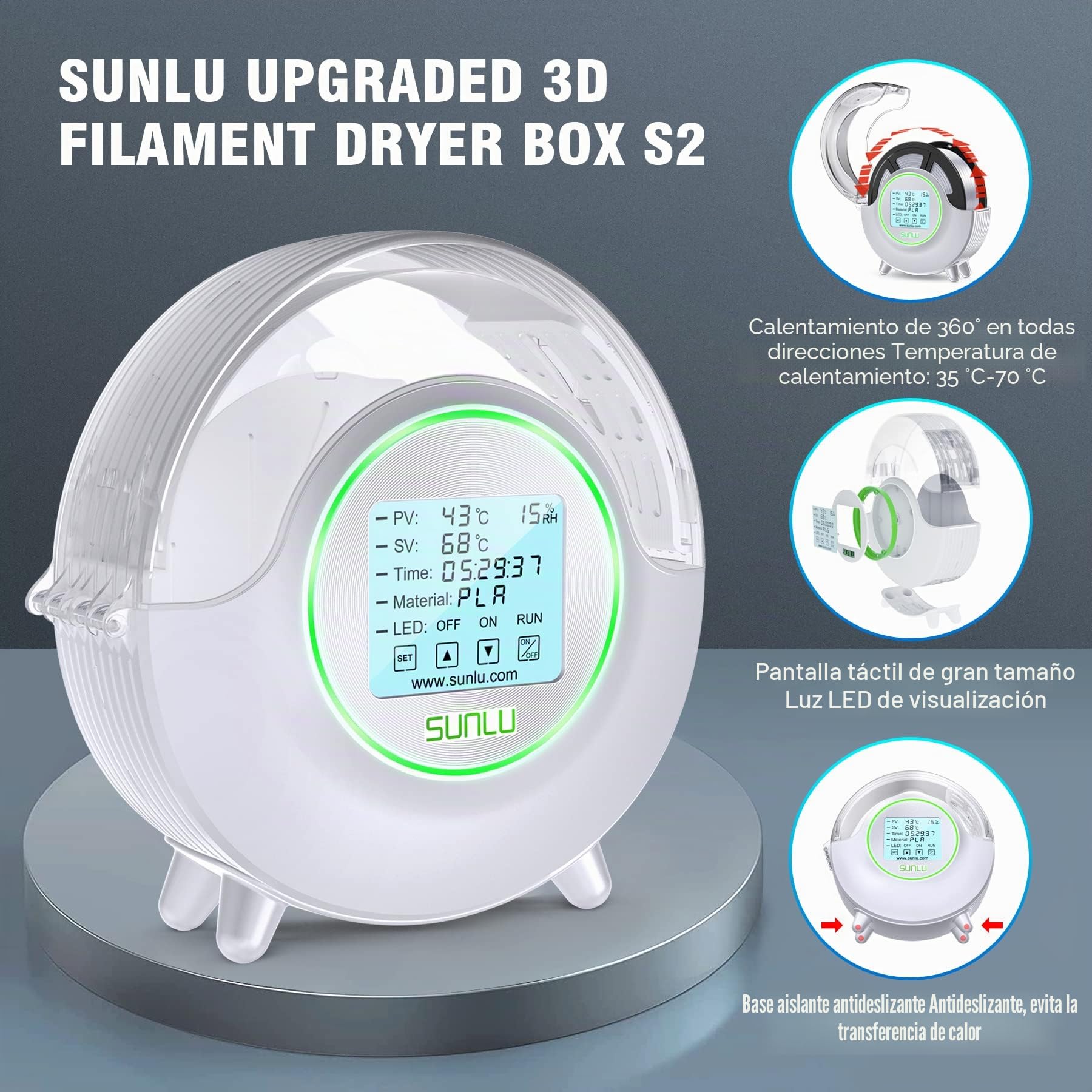 SUNLU Caja de secador de filamentos para impresora 3D, mantiene los filamentos secos durante la impresión 3D, calefacción completa de 360°, gran pantalla táctil LCD, compatible con filamento de 1,75