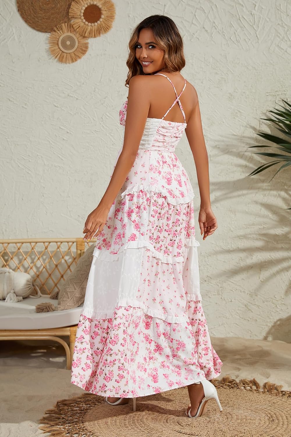 Women Floral Maxi Dress Spaghetti Straps V Neck Lace Patchwork Flowy Tiered Wedding Guest Long Dresses - Image 6