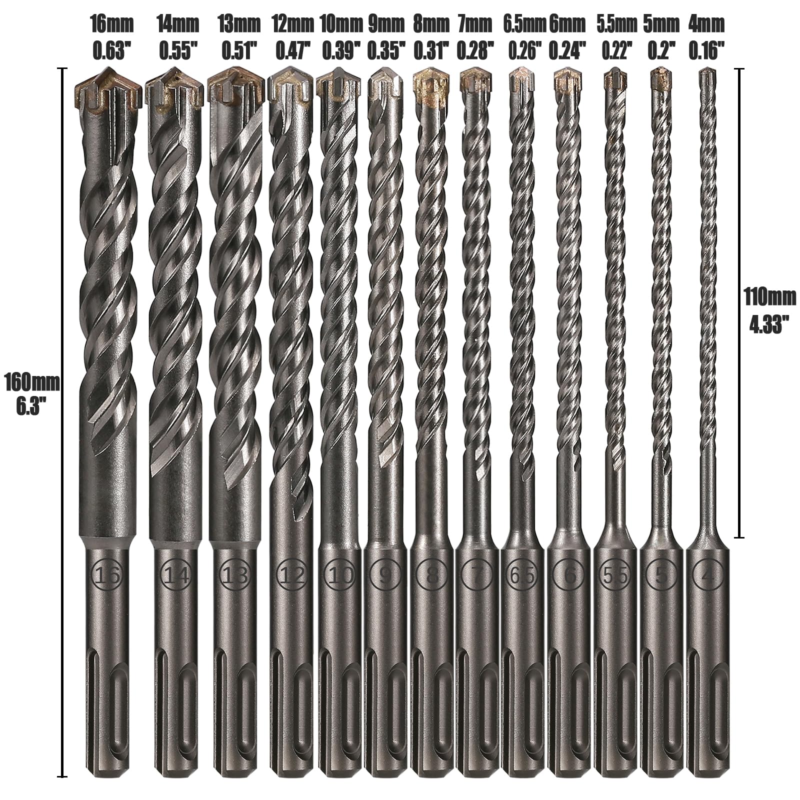 13 brocas SDS PLUS para martillo perforador, 4 cortes, diámetro de 4 – 16 mm x 160 mm, broca SDS con punta de metal duro YG8C, broca para hormigón, ladrillo, mampostería