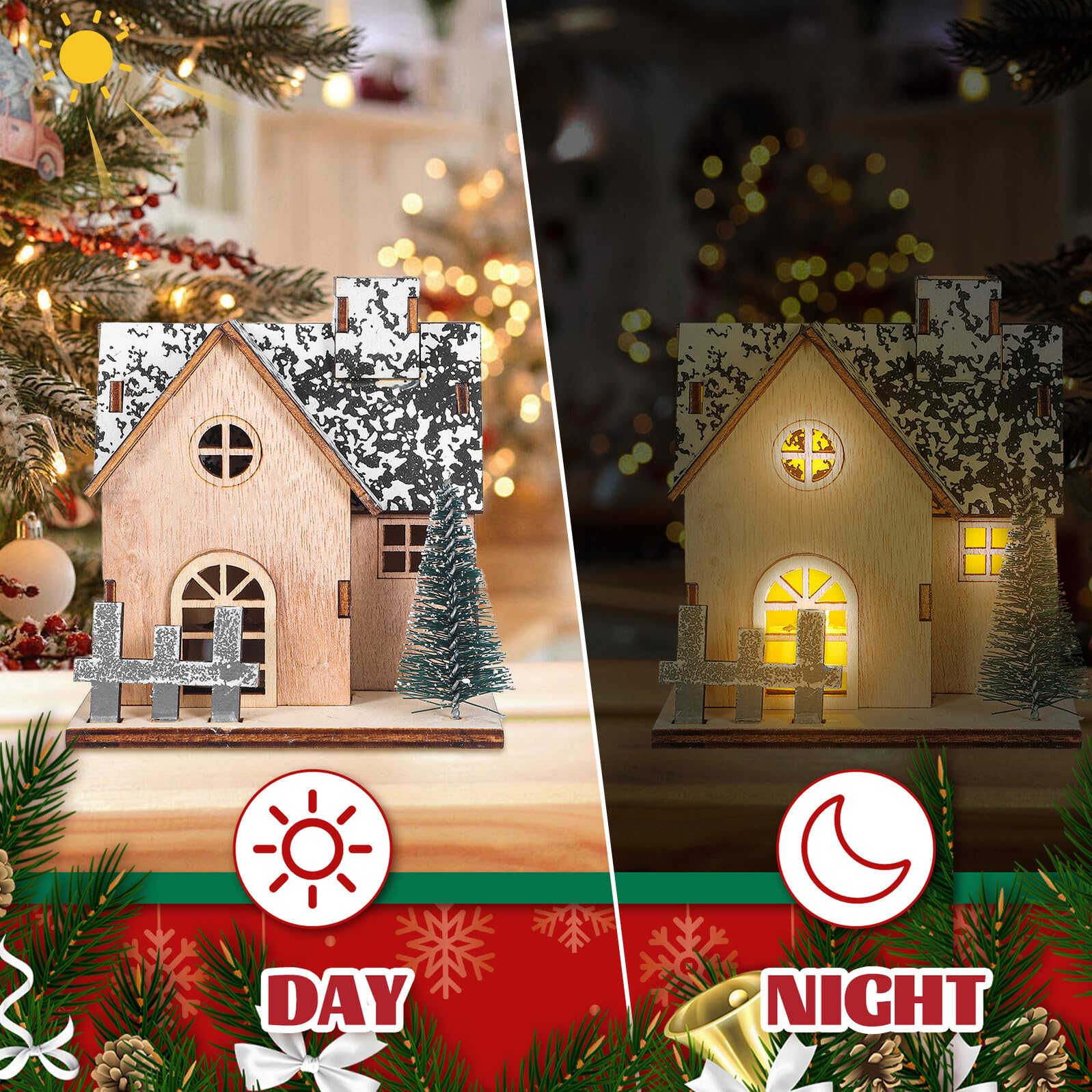 HEMOTON 3pezzi Casetta di Legno Natalizia Illuminata LED Mini Case di Natale in Legno Villaggio di Case di Natale Luci per Decorazioni Invernali