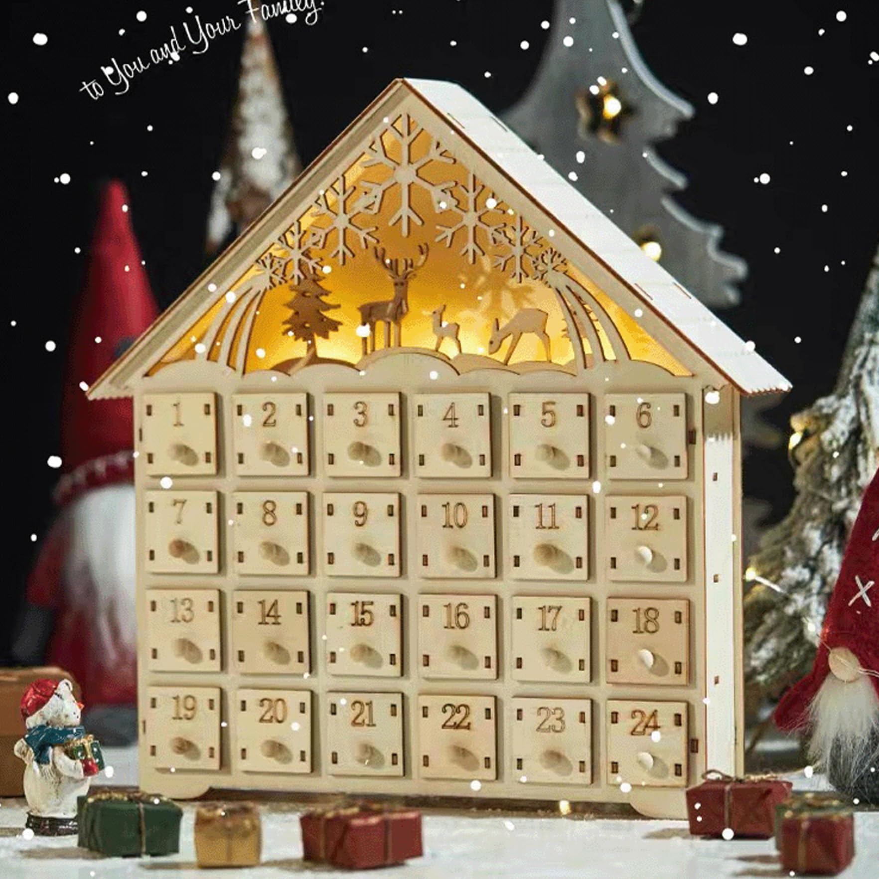 Calendario dell'Avvento in legno con 24 cassetti 10 x 2 x 12" Calendario dell'Avvento di Natale a LED Calendario dell'Avvento vuoto da riempire da soli Conto alla rovescia Regali di Natale per decoraz