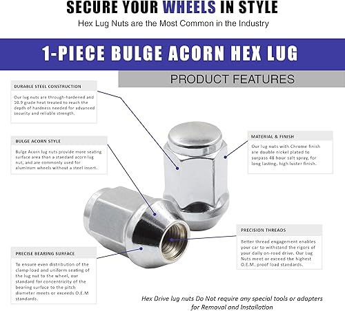 Vista 93 de Wheel Accessories Parts 20 tuercas hexagonales de 1/2"-20 roscas de 1.378 in 1.38" de largo cromadas 13/16" 0.827 in para Ford Mustang Jeep CJ