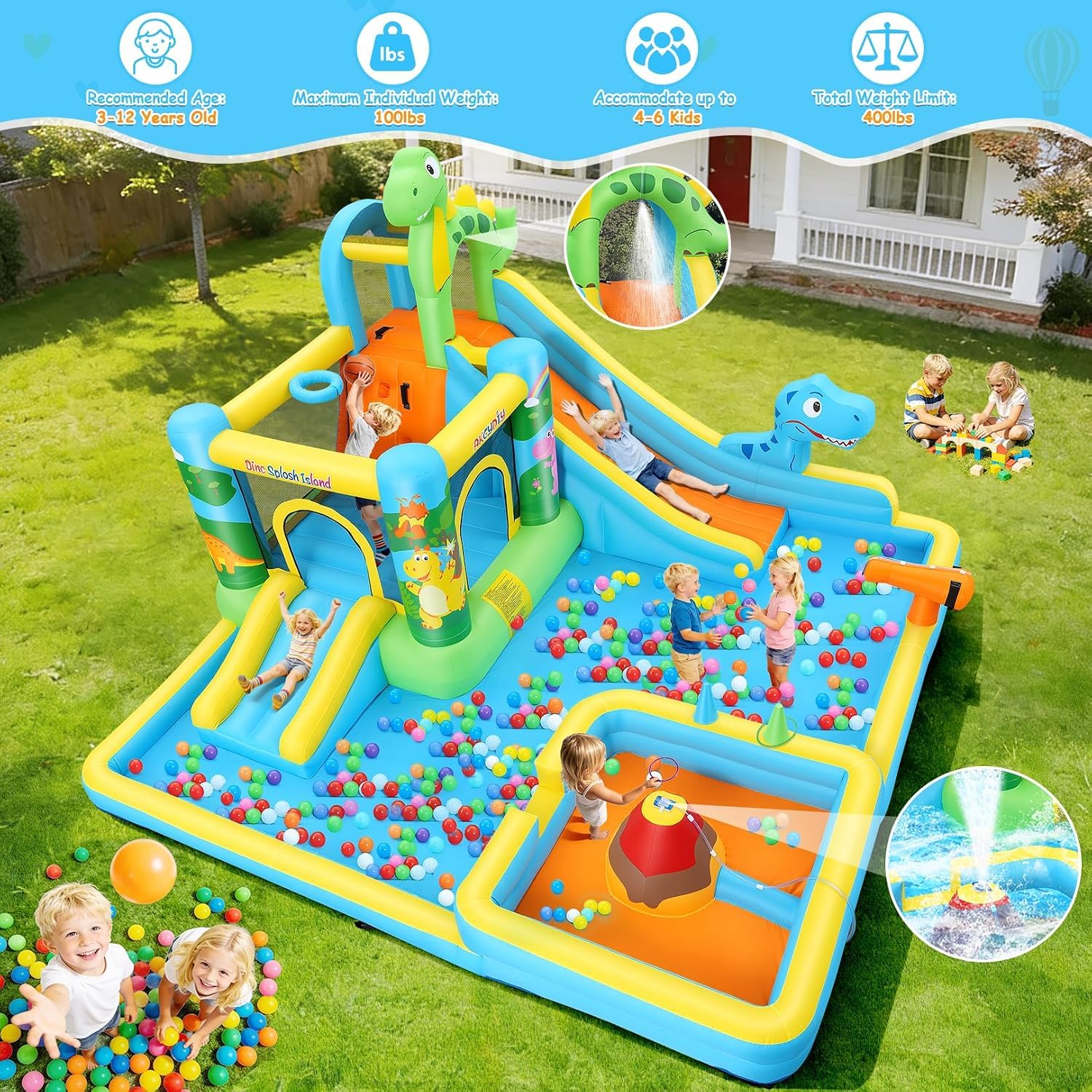 AKEYDIY Scivolo d'acqua gonfiabile, 13 in 1, parco acquatico con dinosauri per bambini dai 3 ai 12 anni, con due grandi piscine per bambini, scivolo lungo, gioco di lancio ad anelli, cannone ad acqua