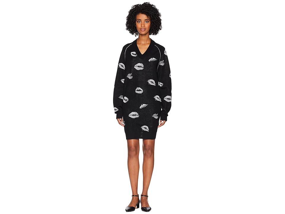 

Sonia Rykiel Lipstick Jacquard Long Sleeve V-Neck Sweater Dress (Black) Women's Dress