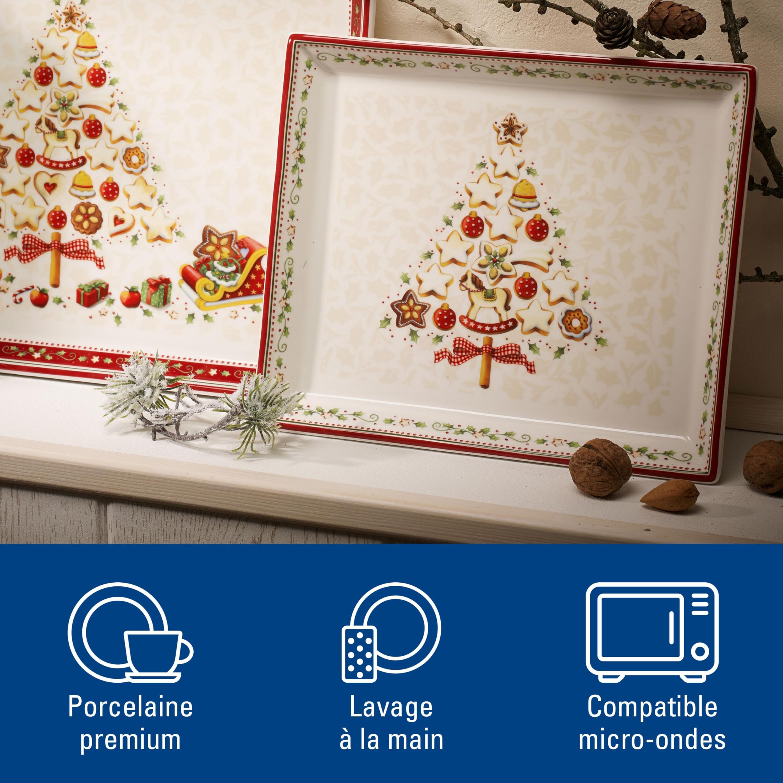 Villeroy & Boch Winter Bakery Delight Petit plat de service rectangle pour pâtisseries, Porcelaine Premium, Blanc/Rouge/Beige