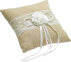 EinsSein Coussin d’Alliance Bague Mariage Jute Flower 20x20 cm | Beige | Porte-Alliance avec Fleur en Jute, Dentelle et Ruban | Oreiller Champêtre Chic pour Anneaux | Déco Rustique pour Cérémonie