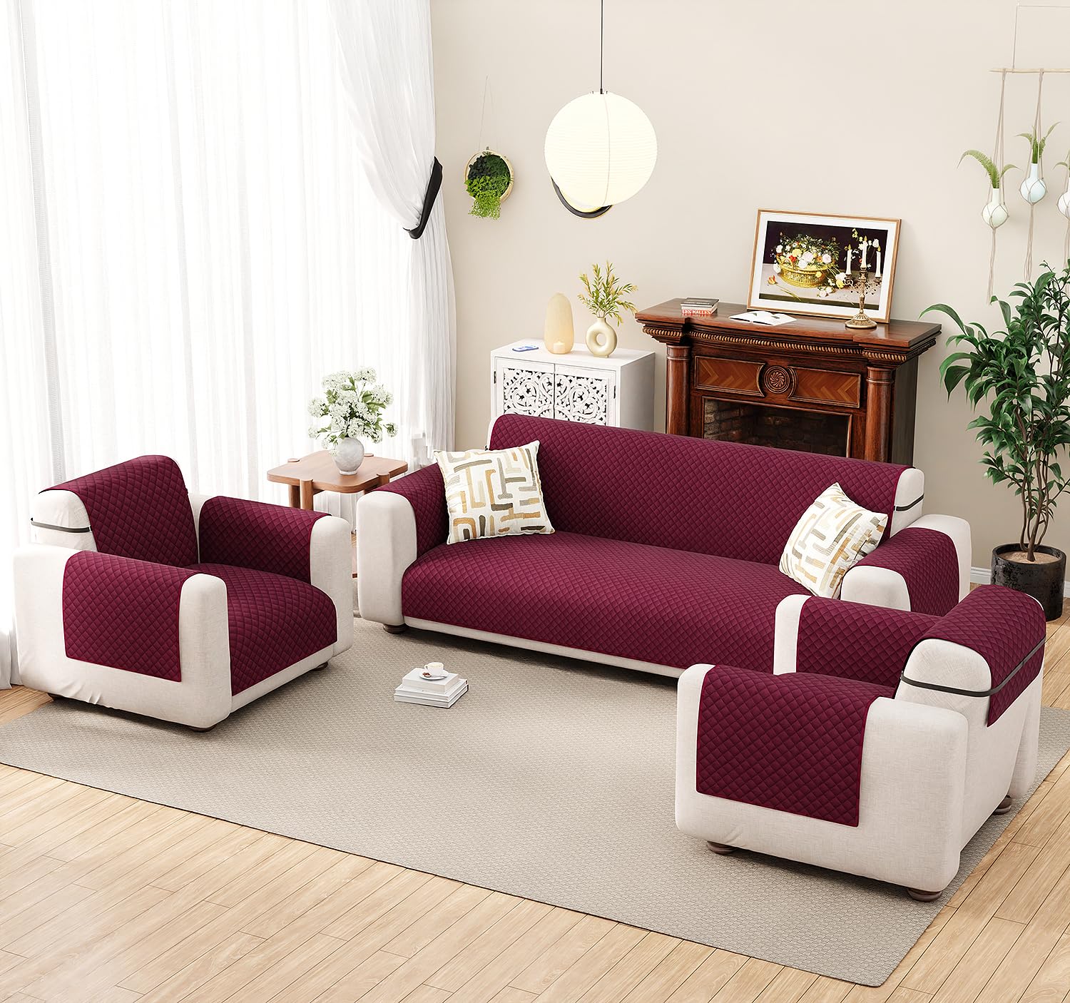 Lukzer 5 Seater Red Raspberry Quilted Velvet Sofa Mat | 200 GSM Soft Washable & Removable Couch Protector | Anti-Slip Elastic Strap Cover for Living Room Pet & Spill Protector (3+1+1 Seater/SC-198-05)-picture-28