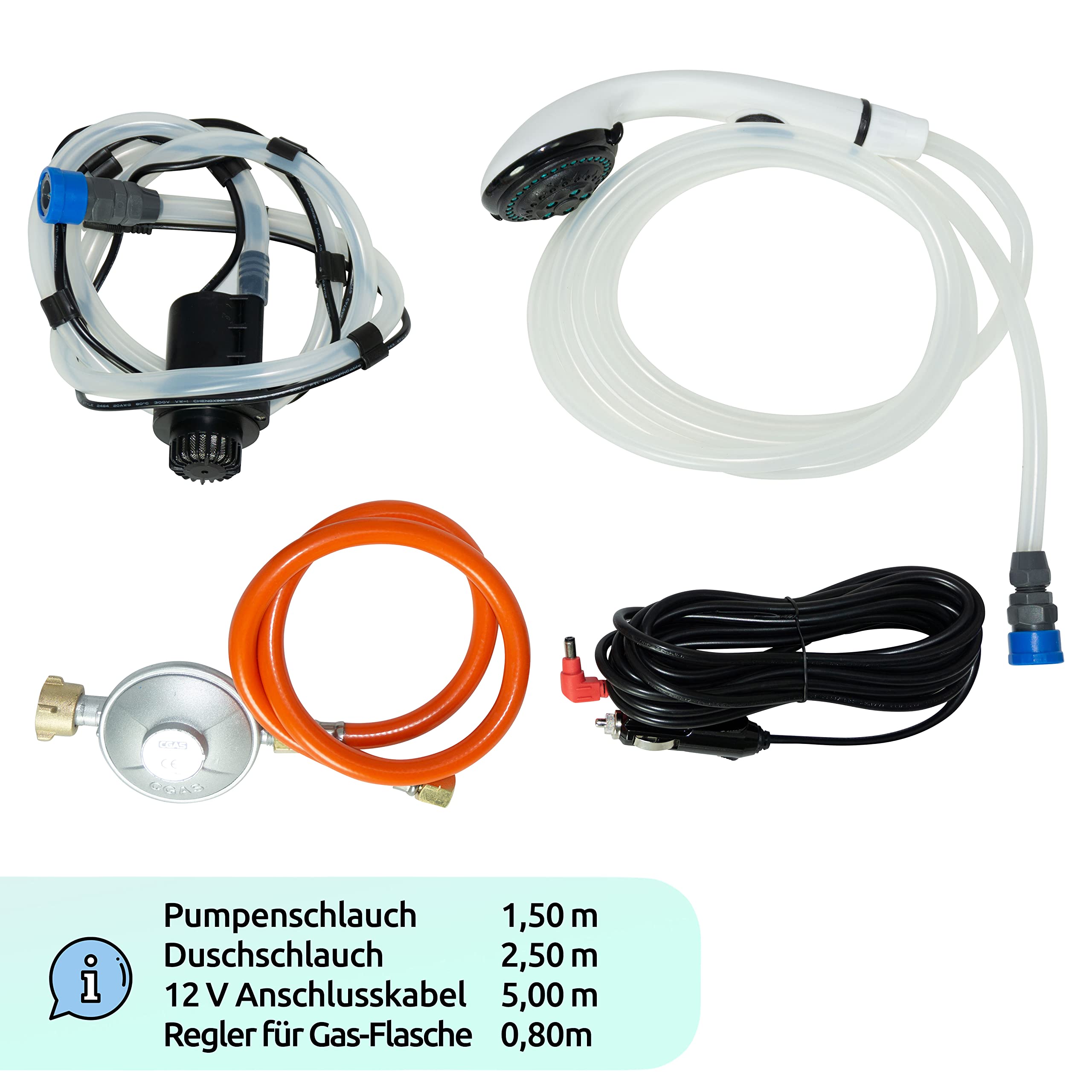 Prime Tech | Mobiler Gas-Durchlauferhitzer 12V 5kW | Warmwasserbereiter mit Duschbrause & Zubehör | Warmduscher für Camping, Outdoor & Vanlife | Gasbetriebener Wasserboiler mit Tasche
