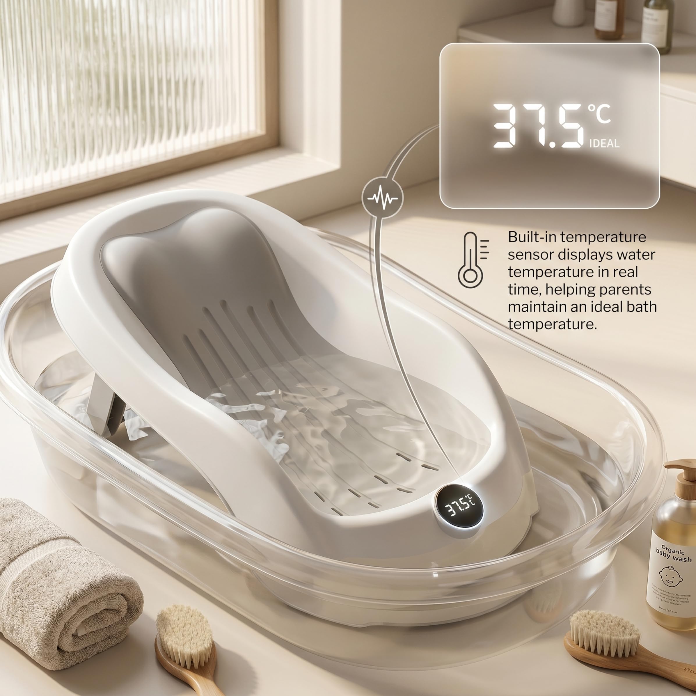 Supporto per bagnetto, vaschetta per il bagnetto con display digitale della temperatura e drenaggio, seggiolino pieghevole per vasca da bagno antiscivolo per neonati (grigio) ;1