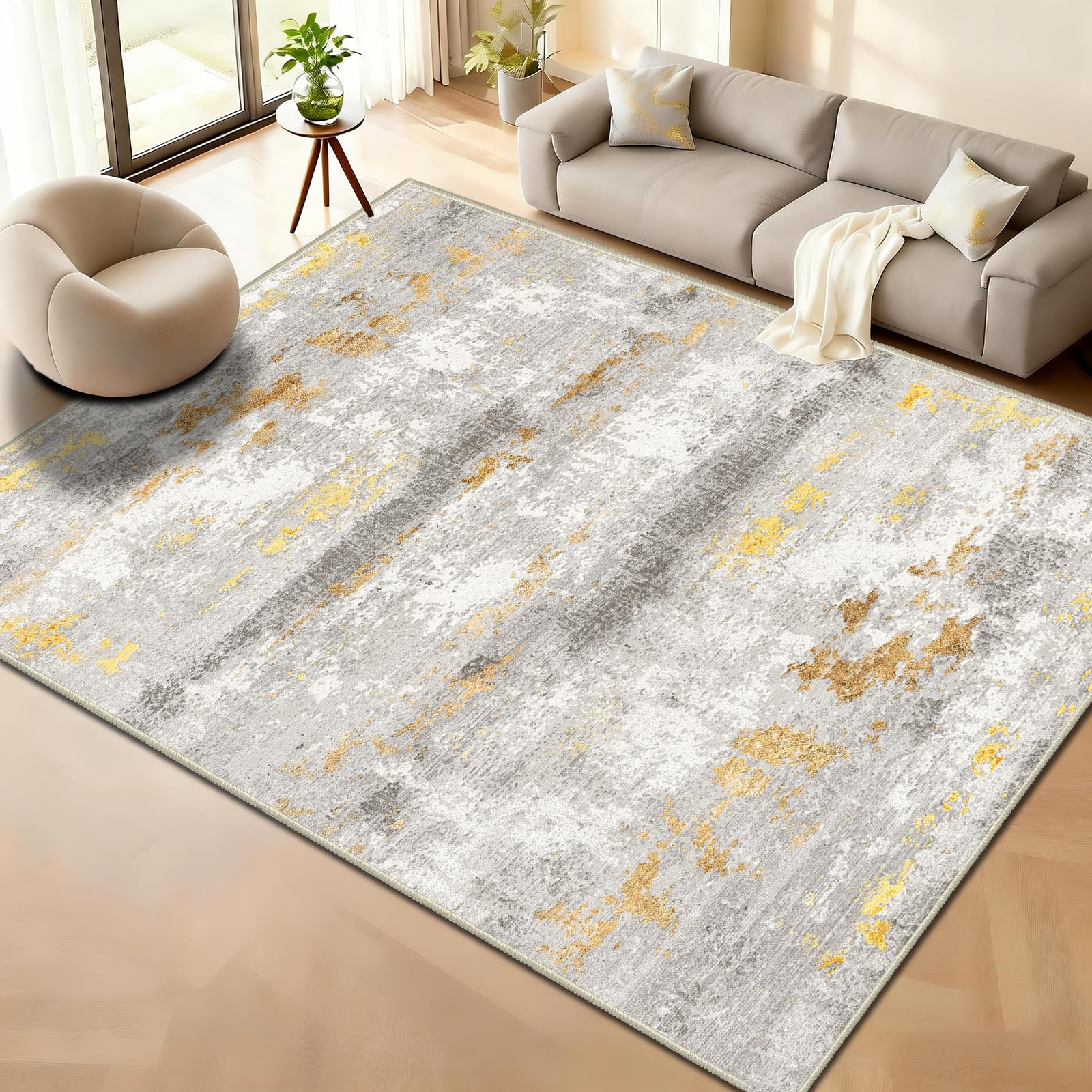 WQMMD Beige Gold Abstract Modern Rug 240x300cm Washable Non Slip Modern Area Carpet Living Room Bedroom Kitchen Low Pile Floor Mat Large Carpet Natural Neutral