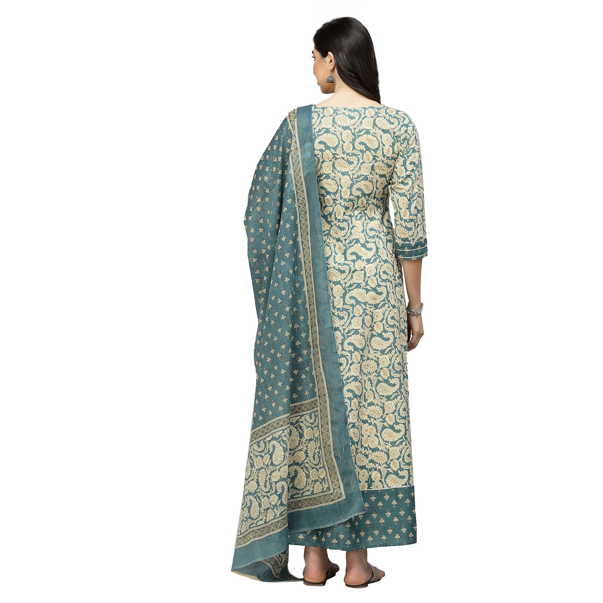 Stylum Women's Printed Cotton Anarkali Kurta With Dupatta (Kdbeigenutan40_Teal, L)