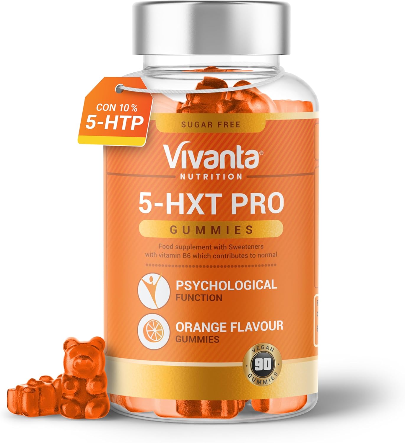 Gominolas 5HXT Pro 5HTP (sabor naranja) – 5 HTP alta potencia 200 mg extracto de semilla de Griffonia + vitamina B6 – Suplemento 5-HTP natural estandarizado al 10% – 90 gominolas veganas sin azúcar