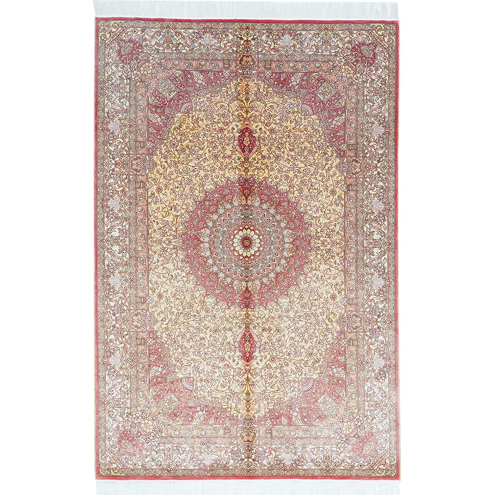 Yuchen Rug Silk Carpet 4x6 Pink Handwoven Traditional Medallion Vintage Luxury Silk Area Rug for Living Room