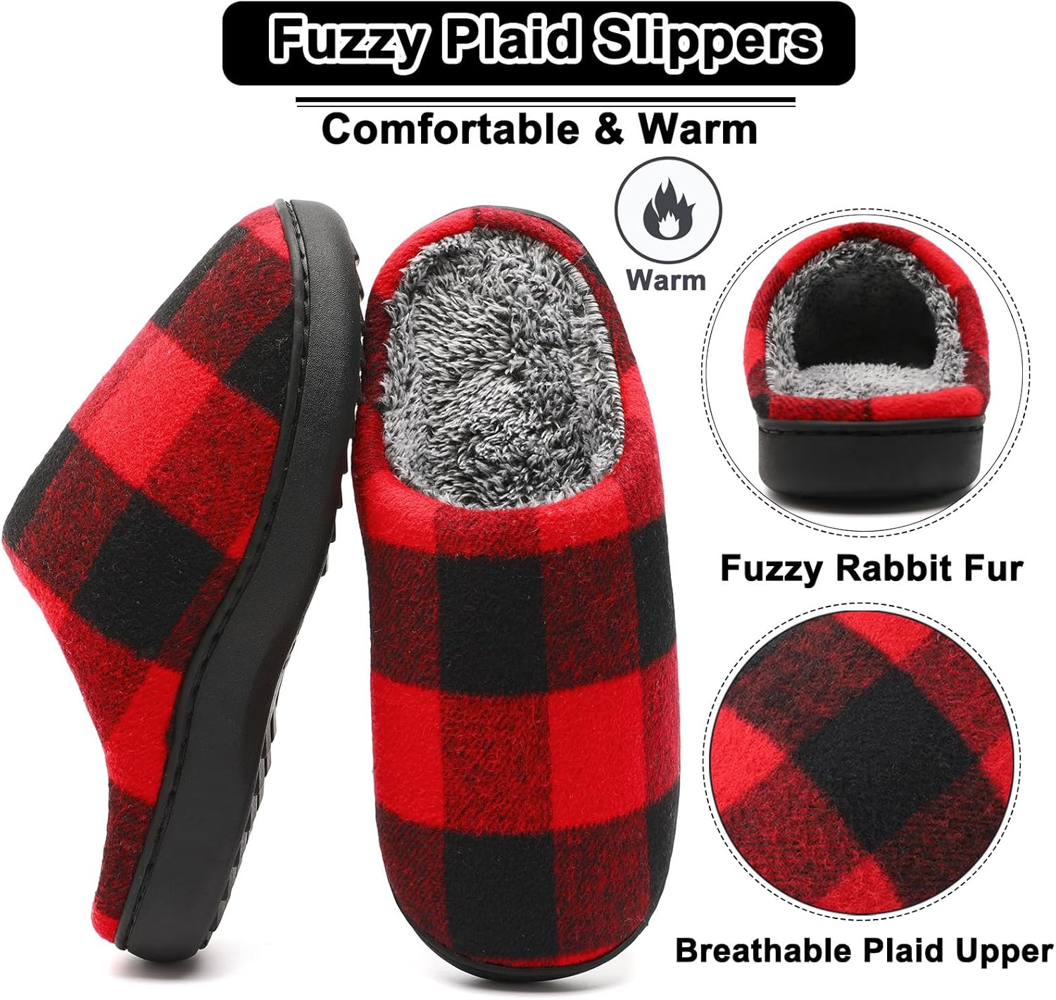 House Slippers for Woman Men, womens Checkered Slippers on House Shoes Cozy Memory Foam Scuff plaid Shoes with Fuzzy Faux Fur Comfortable Non-Slip Warm Fuzzy indoor outdoor - Image 5