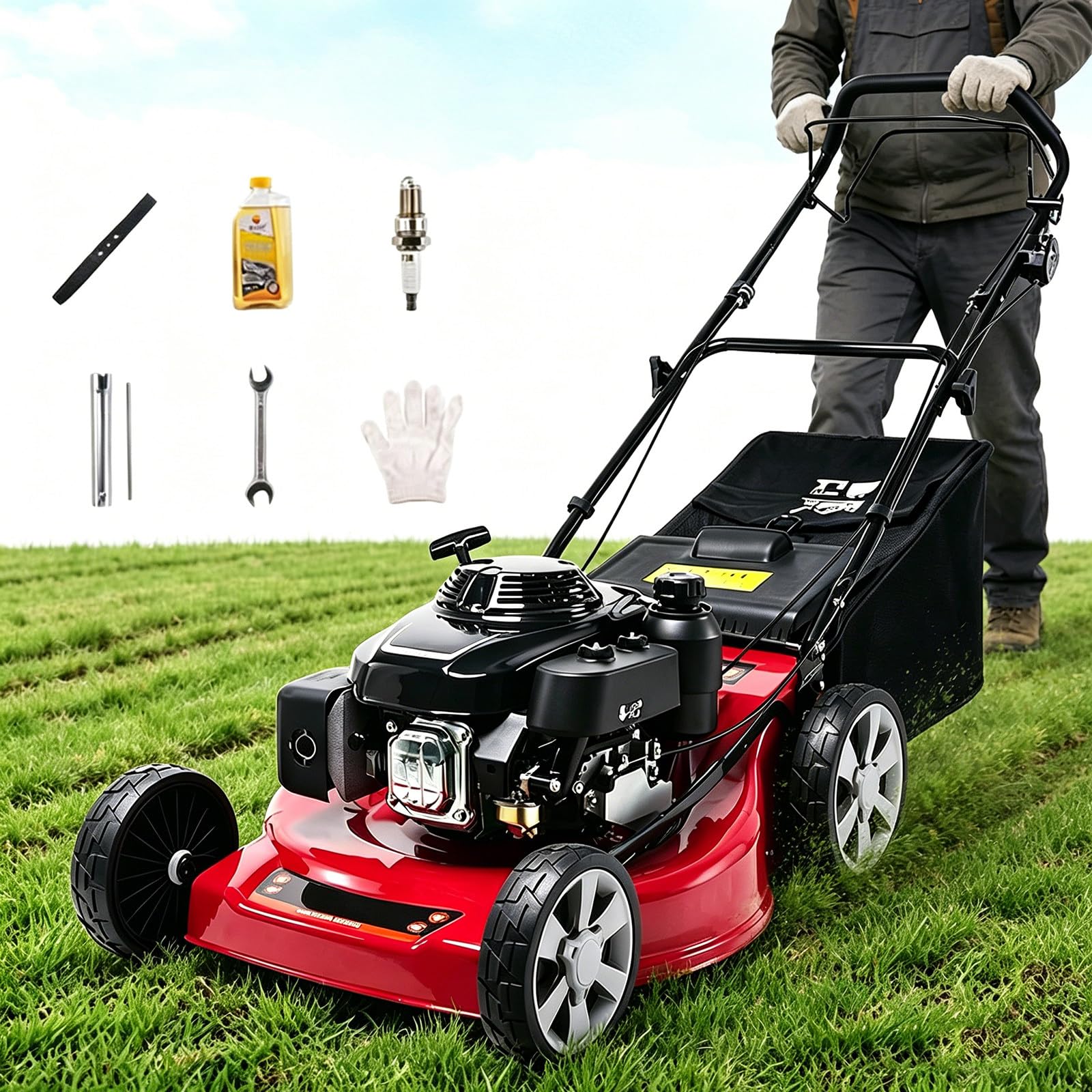 Cortacésped A Gasolina,Cortacésped De Empuje De 18/20",Ajuste De Altura De 7 Niveles,Motor De 4 Tiempos Y 173Cc,Con Bolsa Recolectora De Césped Y Accesorios,Para Jardines Pequeños Y Medianos 20in