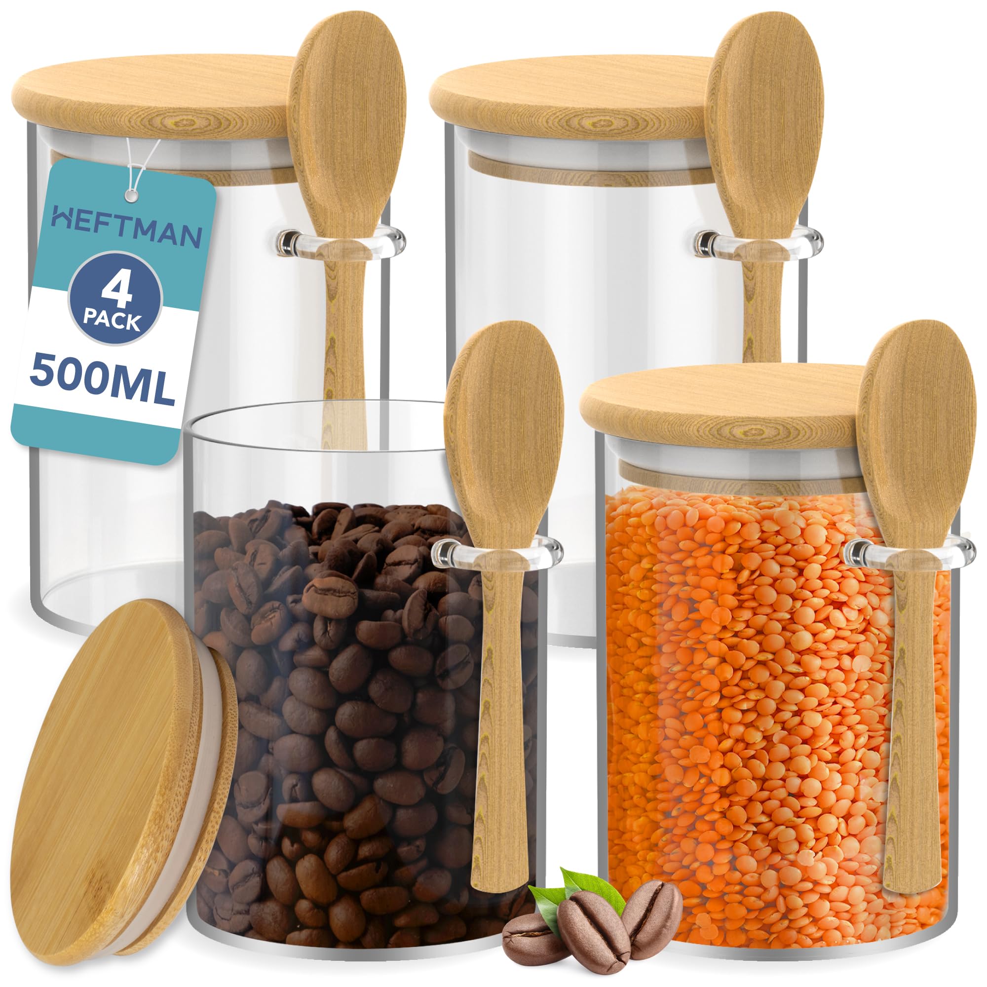 Relaxdays voorraadpotten glas, 3 stuks, grootte 500, 700, 1000 ml, voor pasta, rijst, koffie, D 9.5 cm, bamboe, natuur