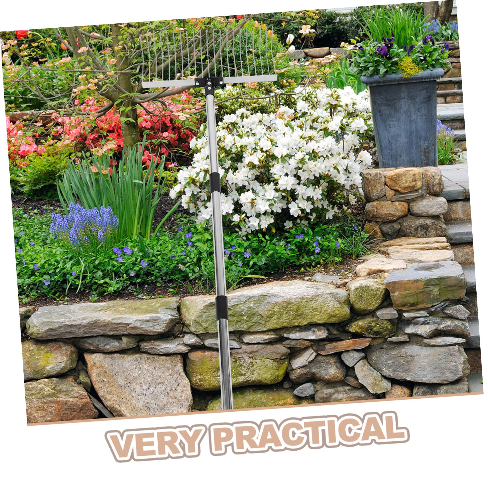 Verstellbarer Rasenrechen mit 21 Zähnen aus Edelstahl Ergonomisches Design und Abnehmbarer Griff für Gartenarbeit und Grasentfernung