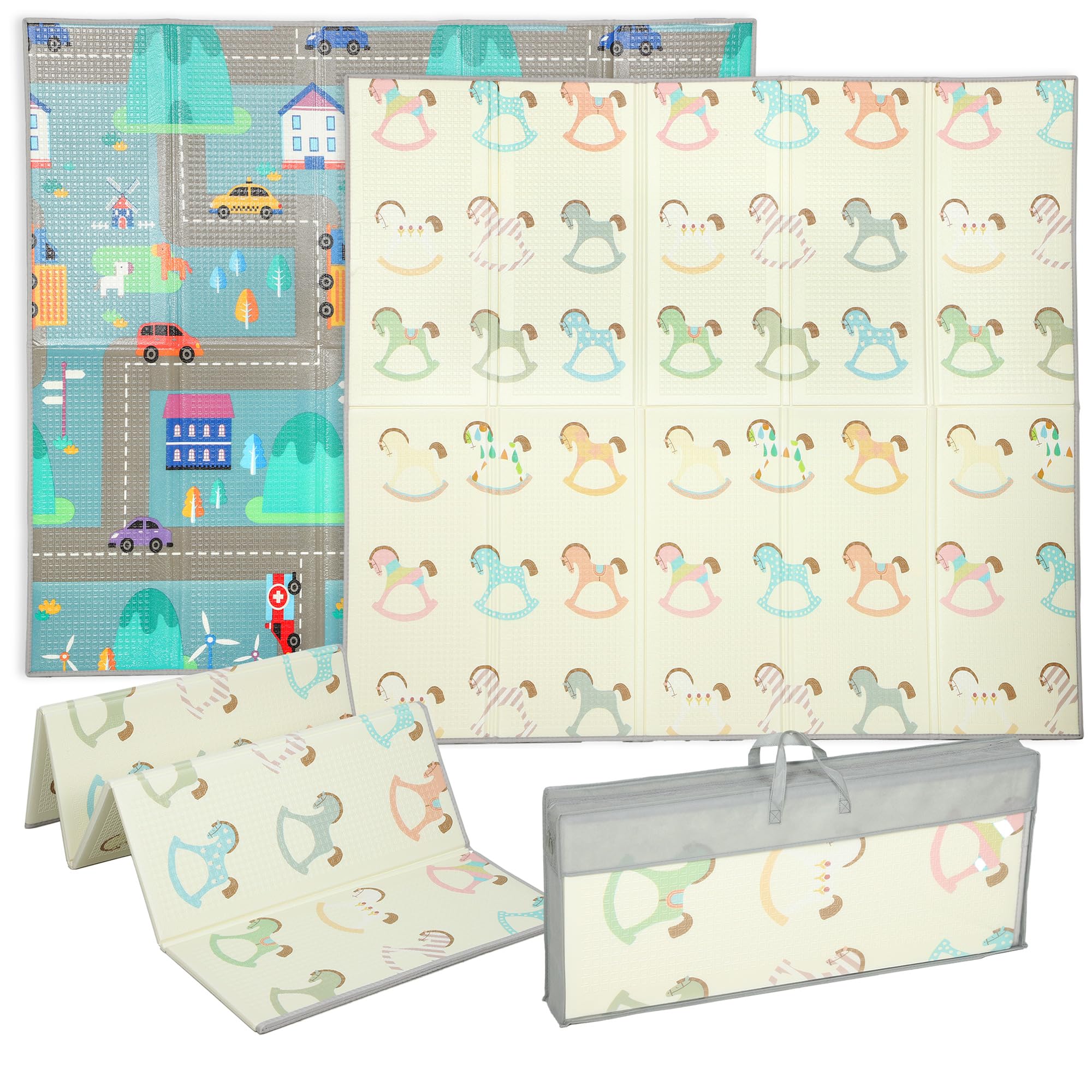 AIYAPLAY Doppelseitige faltbare Babymatte wendbar 200x180 cm | Wasserabweisend, Große Schaumstoffmatte, Schlafzimmer, Kinderzimmer, Verkehrs- und Schaukelpferd-Thema