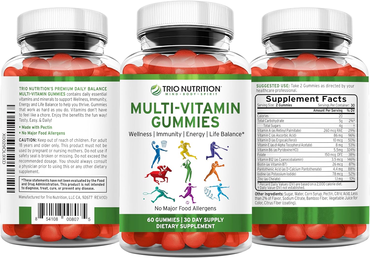 TRIO NUTRITION Daily Multivitamin Gummies for Men & Women - Natural Fruit Flavor with Essential Vitamins A, B, C, D, E & Zinc - No Major Allergens Immune Support & Energy Boost Supplement