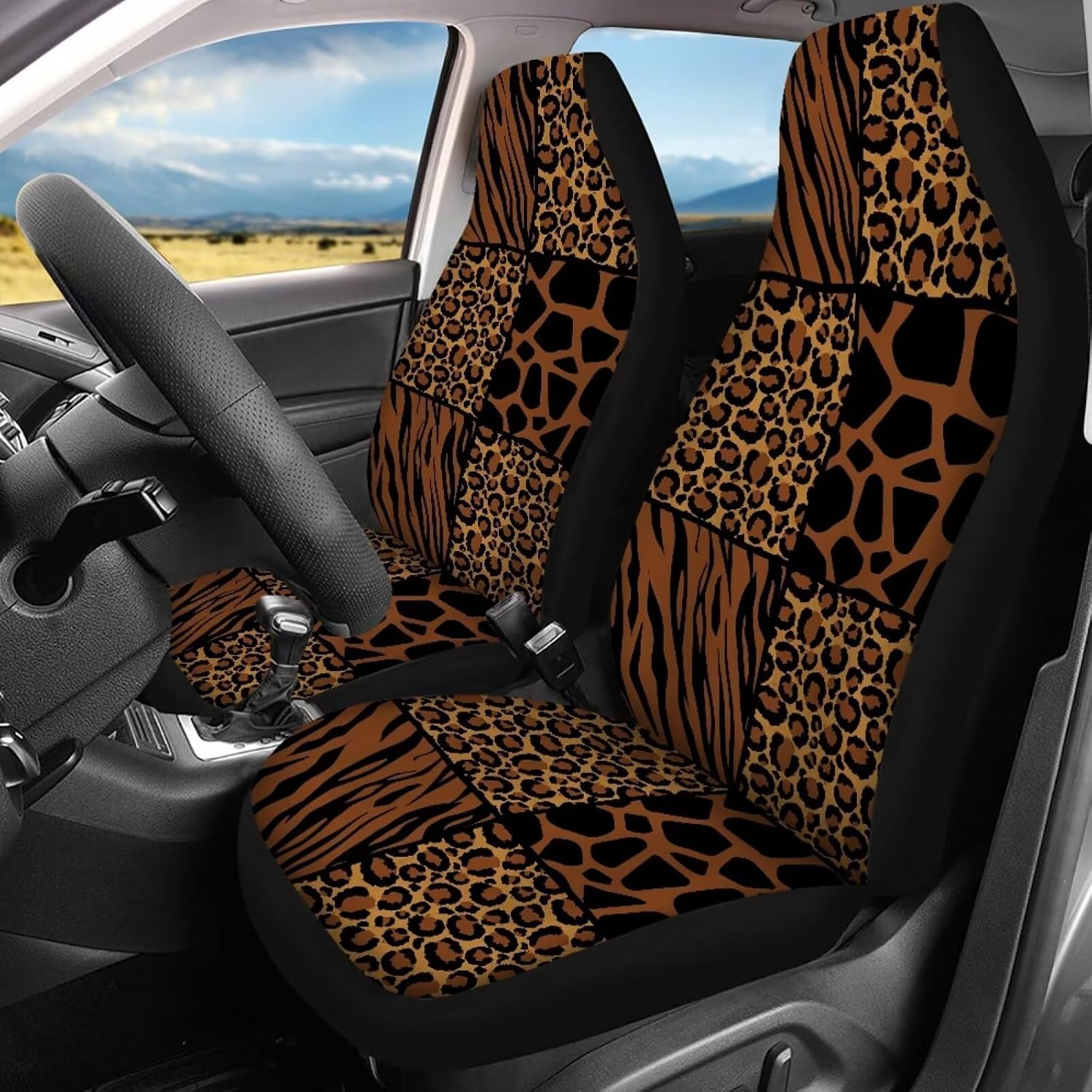 Howilath Brown Patchwork Animal Print Seat Cover for Car, All Seasons Vehicle Seat Protector Front and Back Seat Cover Against Dirty, Universal Fit