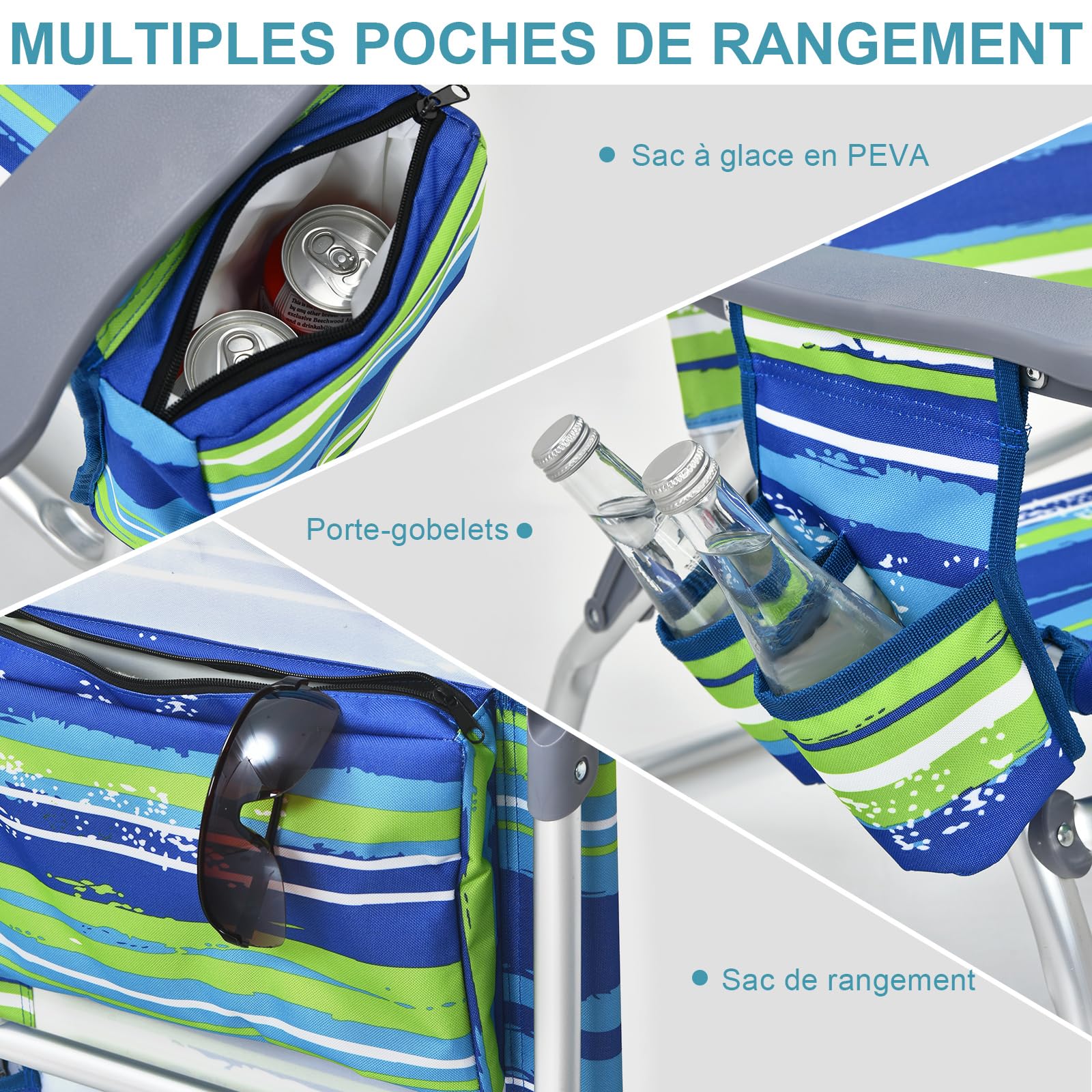 GIANTEX Chaises de Plage Pliable 3 Pcs, Chaises de Camping 5 Positions avec Dossier Haut et Table Enroulable, Chaise de Jardin Inclinables Charge 136 KG (Bleu + Vert)