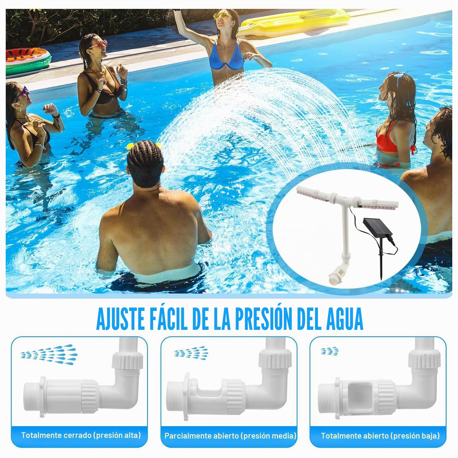 Fuente solar para piscina con luces RGB que cambian de color, rociador ajustable para piscina con control remoto, rociador de cascada para piscinas superiores y enterradas (A)