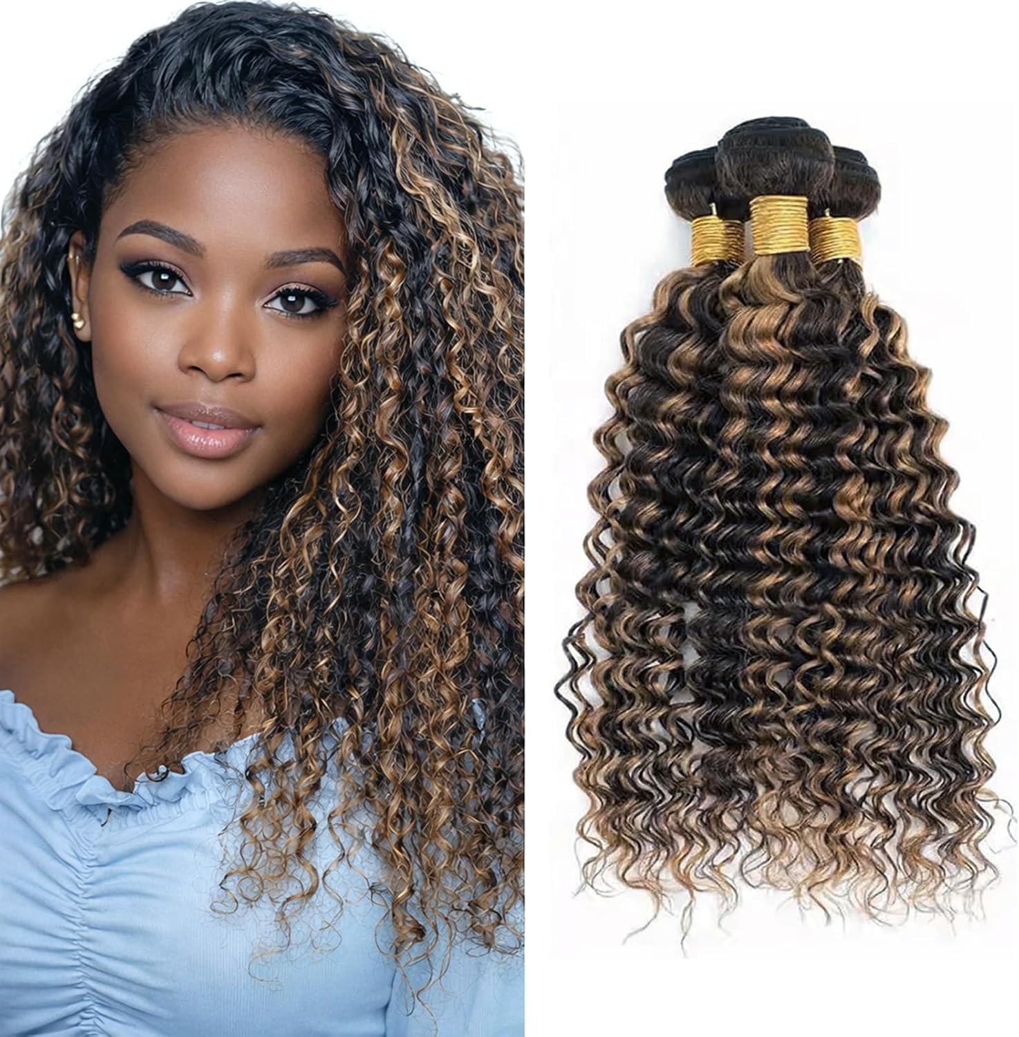 Deep Wave Virgin Human Hair Bundles Black and Brown Ombre Silky Highlight 24 26 28 Inch Brazilian Remy Hair Extensions 12A 3 Bundles Double Weft Soft Weave for Black Women
