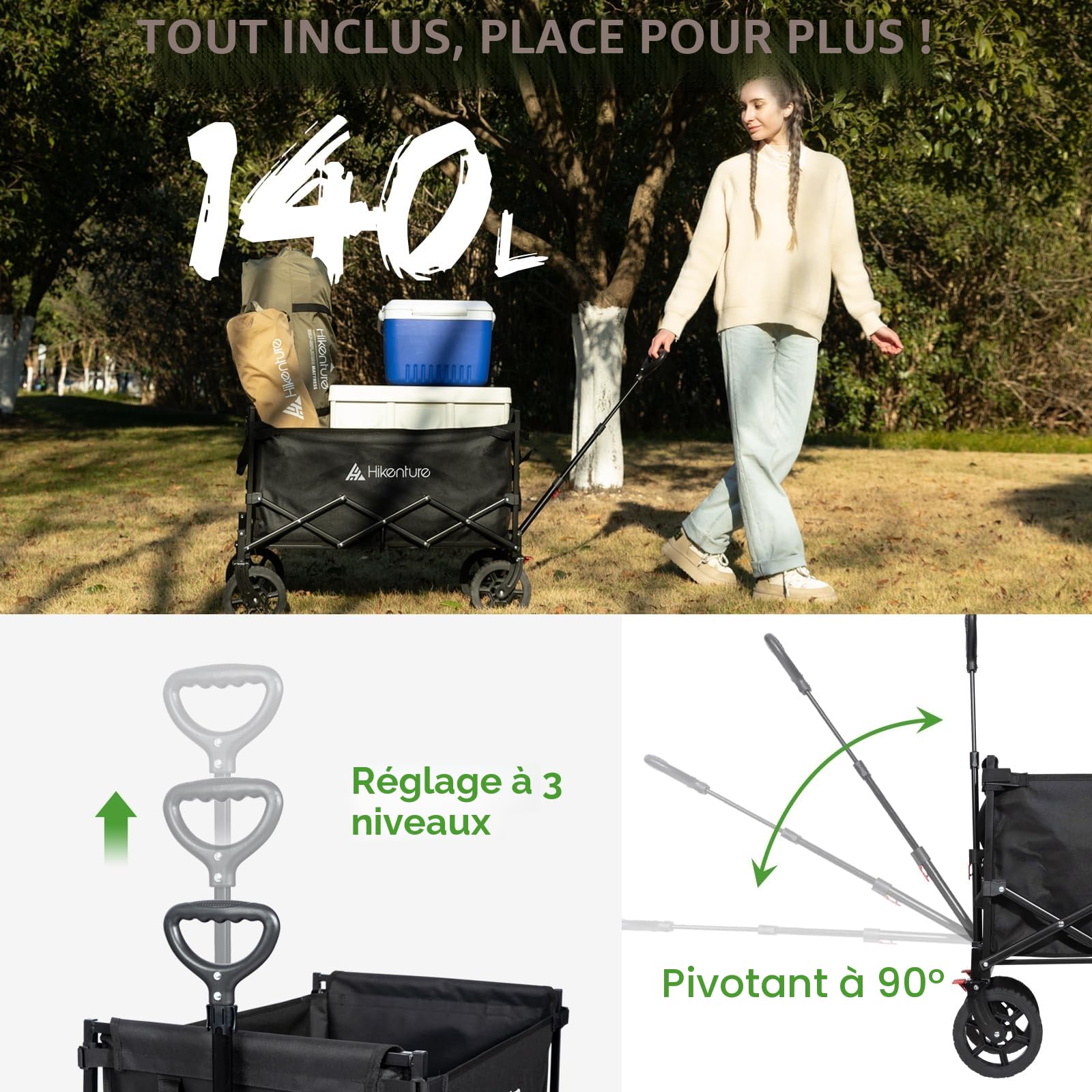 HIKENTURE Chariot Pliable 140L Tout Terrain, Charge 150 KG | Pliage Compact, Roues 360° avec Freins - Chariot de Transport Pliable pour Plage, Camping, Courses, Jardin ou Pêche
