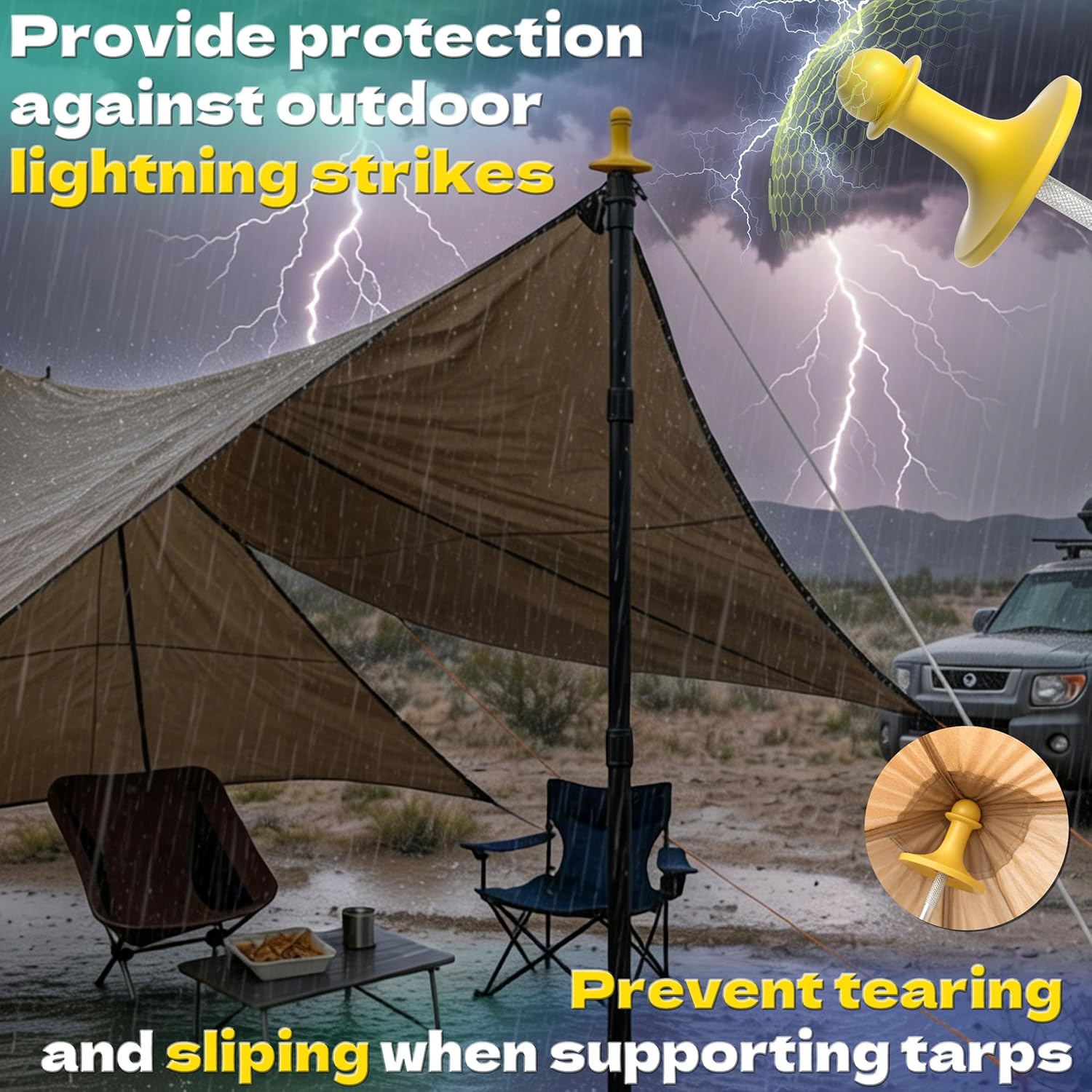KJE 4 Pack Adjustable Heavy-Duty Tarp Poles, Camping Tent Poles Set with Ground Stakes & Guylines & Yellow Protection Caps, Aluminum Telescoping Pole(2.9ft to 8.7ft) for Outdoor Tarp Use