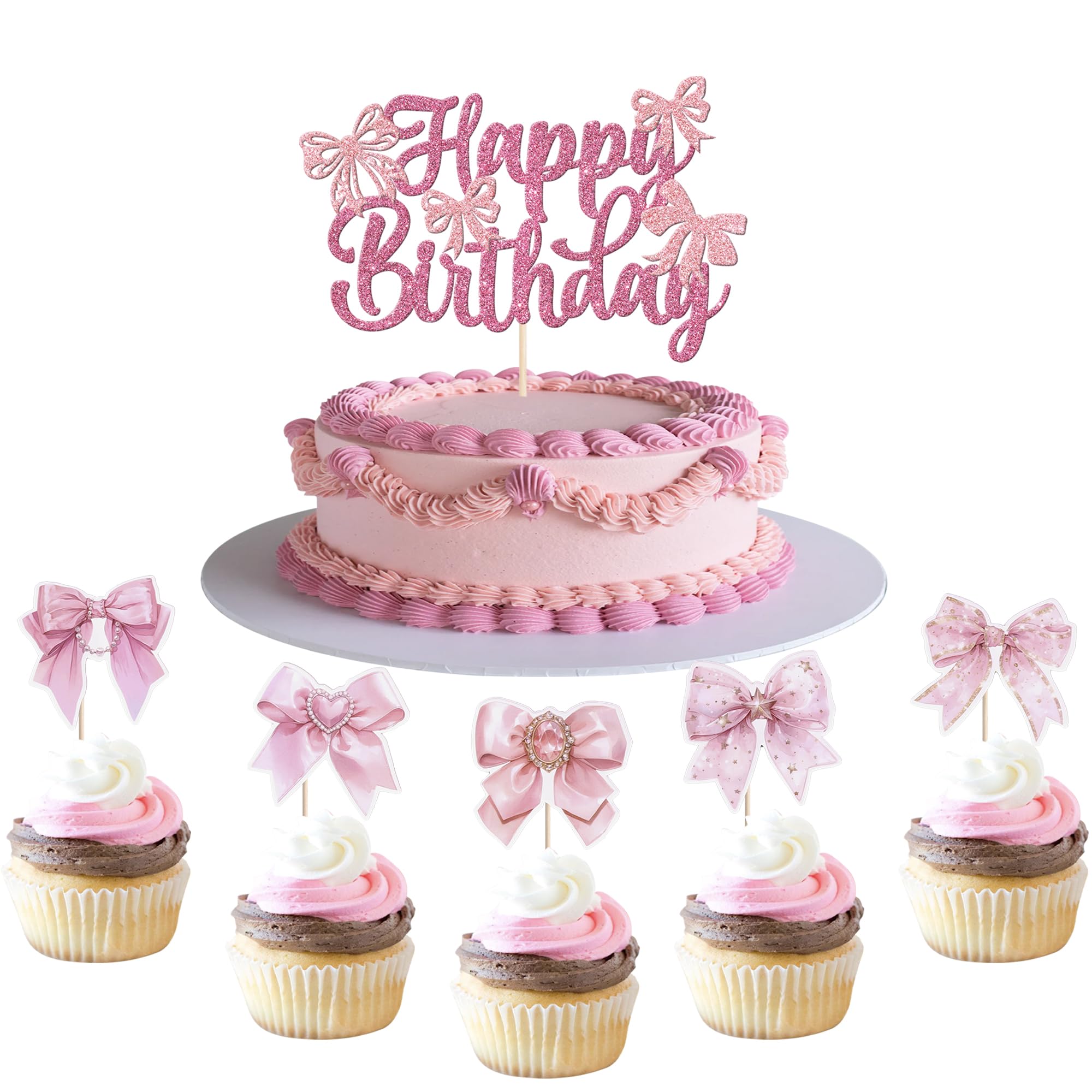 41 Pack Bowknot Cupcake Toppers Paper Bowknot Cupcake Picks Bow Tie Cupcake Decorations for Wedding Bridal Shower Theme Pink Girl Birthday Party Cake