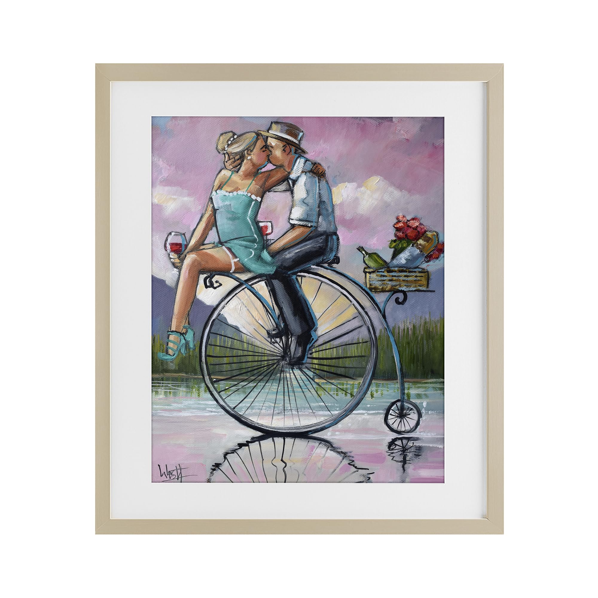 Stupell Industries 'Romantic Picnic on Bicycle', Framed Print Under Glass, Brown, 13 x 16 Inches, Easy to Hang and Sturdy, Made in USA, by Ronald West
