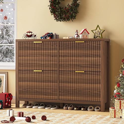 Miniatura 19 de Gabinete de Zapatos de Almacenamiento para Entrada, Gabinete de Zapatos Acanalado con 2 Cajones Abatibles, Estante de Zapatos Alto Independiente