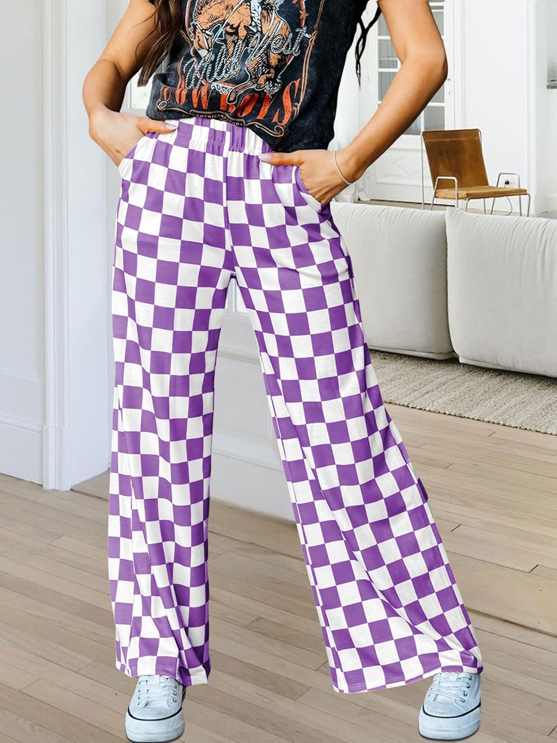 Womens Checkered Pants Y2K Pajama Pants Elastic Waist Wide Leg Lounge Pants Comfy Pj Bottoms with Pockets Loungewear - Image 4