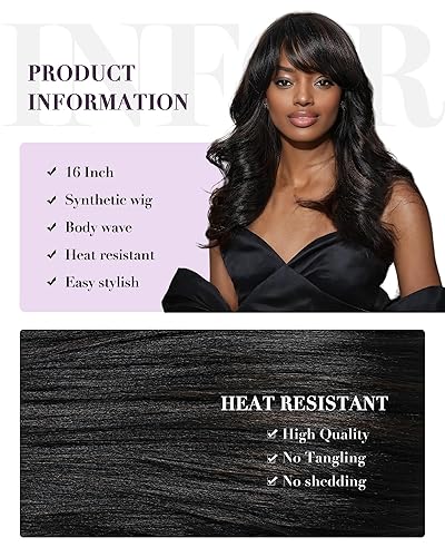 Miniatura 2 de Allbell Peluca ondulada con flequillo, de longitud media, con reflejos negros, para mujer, pelucas sintéticas de color negro mezclado con marrón,