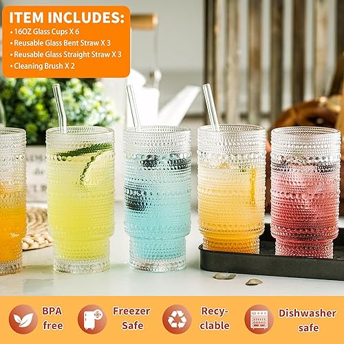 Miniatura 4 de KEMORELA Juego de 6 vasos de vidrio vintage, vasos grandes para beber, vasos de vidrio de 16 onzas con pajitas, vasos románticos de Hobnail