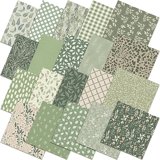 HunnmingRe 20 Pcs 10''x10'' Sage Green Quilting Fabric Square Greenery Precuts Quilted Fabric Bundle Gingham Polka Dot Spring Leaves Printed Sewing Material for Holiday Patchwork DIY Craft Supplies
