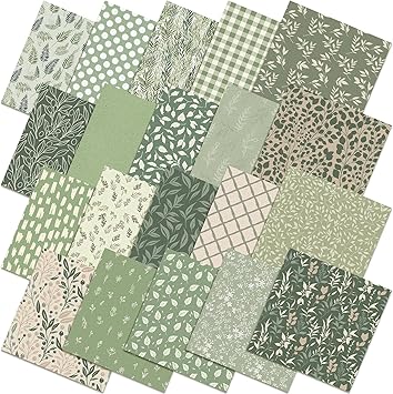 HunnmingRe 20 Pcs 10''x10'' Sage Green Quilting Fabric Square Greenery Precuts Quilted Fabric Bundle Gingham Polka Dot Spring Leaves Printed Sewing Material for Holiday Patchwork DIY Craft Supplies