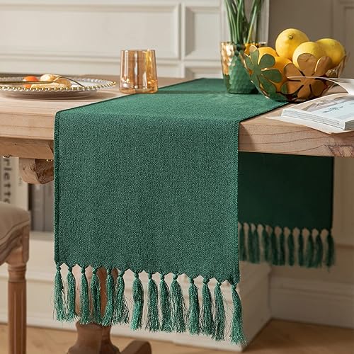 Camino de mesa verde de 48 pulgadas de largo, camino de mesa rústico de arpillera estilo lino, camino de mesa de café bohemio, 13 x 48 pulgadas,