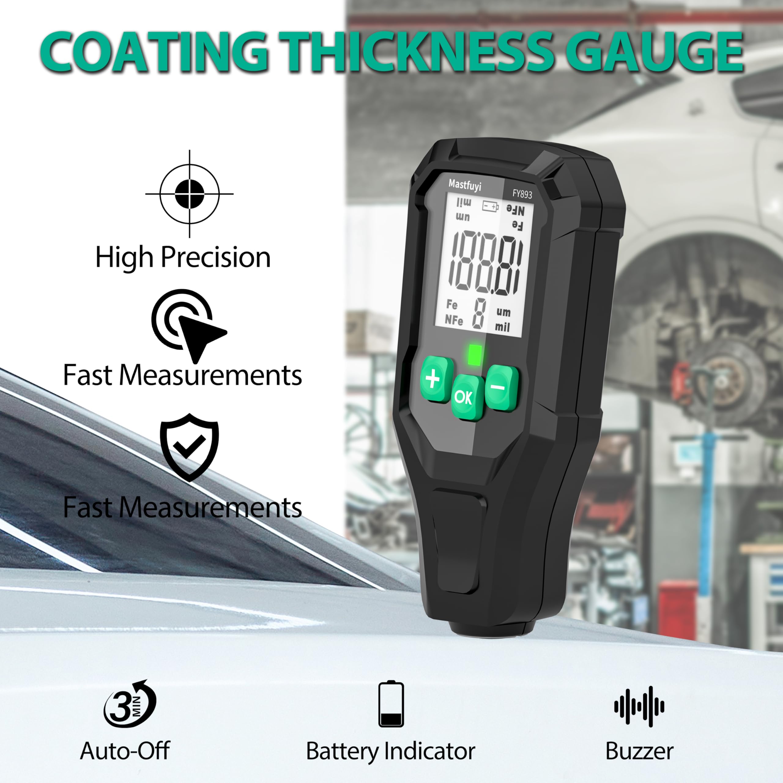 Medidor de Espesor de Pintura, Medidor Digital de Profundidad de Recubrimiento con Resol 0.1mil, Medidor Portátil de Espesor de Pintura Mil para Compradores de Autos Usados, Medición F/NF