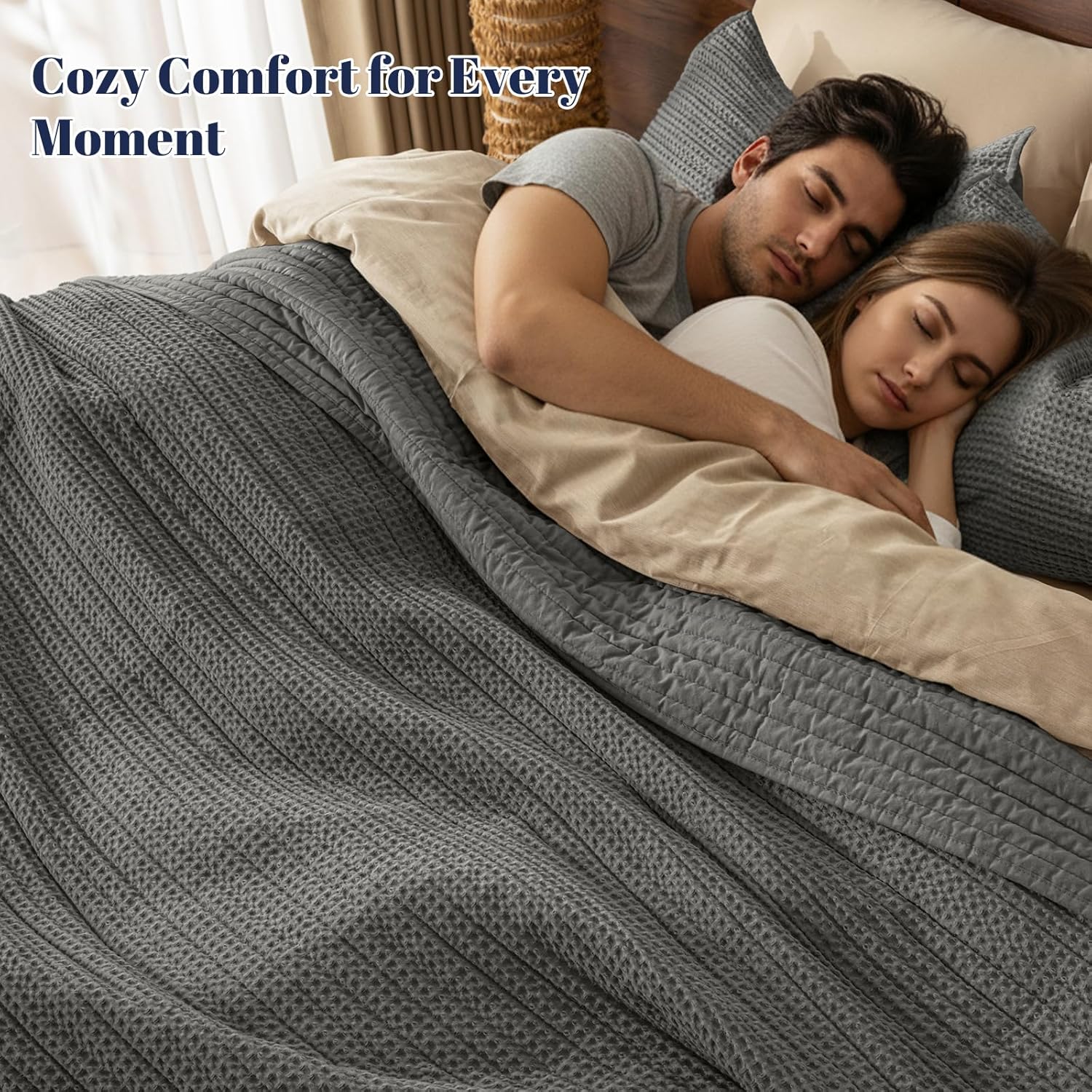 PHF 100% Washed Cotton Waffle Quilt Set Queen Size(90"x90")-Lightweight with Striped Channel, Cozy Quilted Bedspread Set, Home Decor, 1 Soft Coverlet with 2 Matching Shams, Charcoal Grey