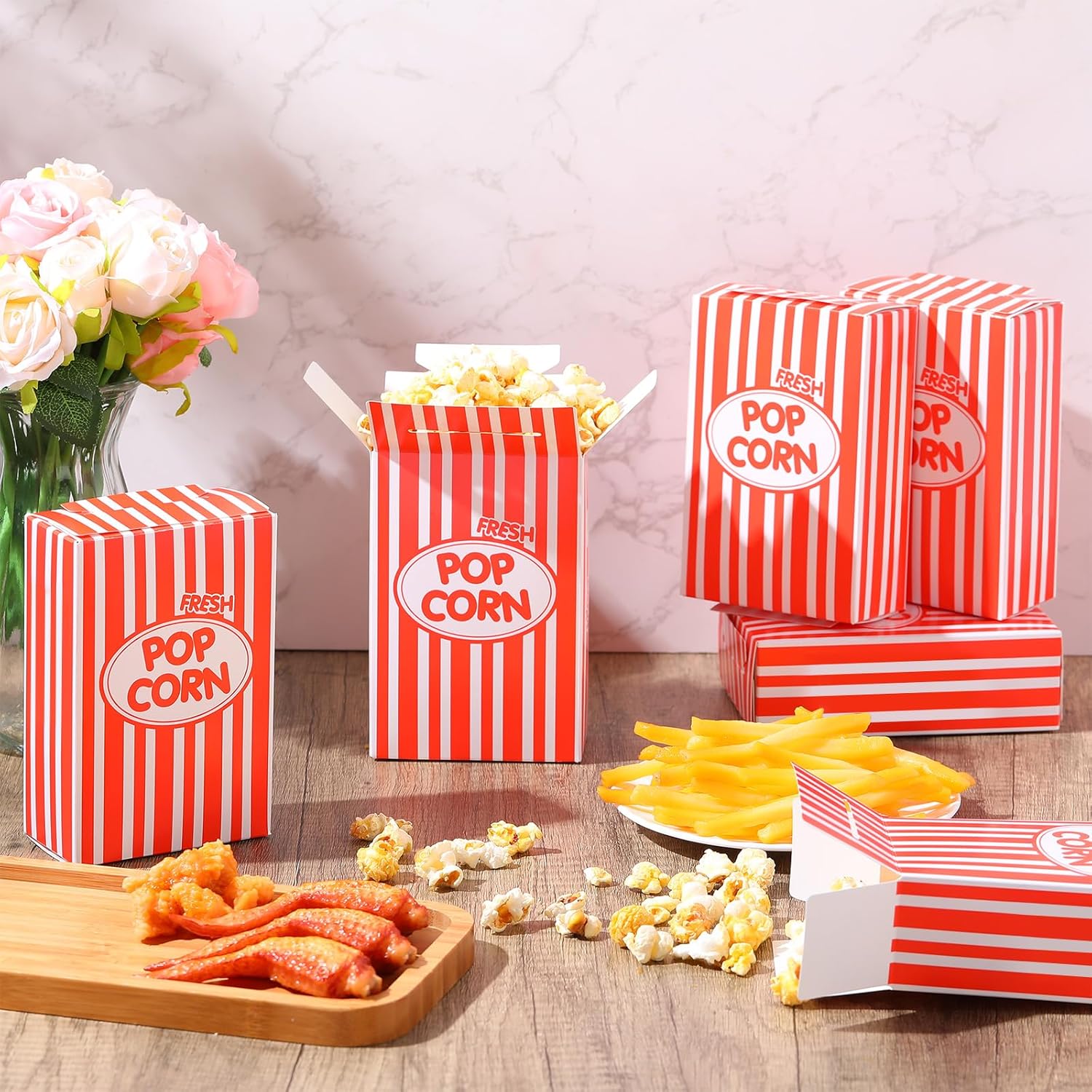 Xinnun 200 Pcs Paper Popcorn Boxes 1oz Oil-Proof Disposable Striped Popcorn Boxes Container Leak Proof Paper Holders for Movie Night, Party, Birthday, Wedding (Red)