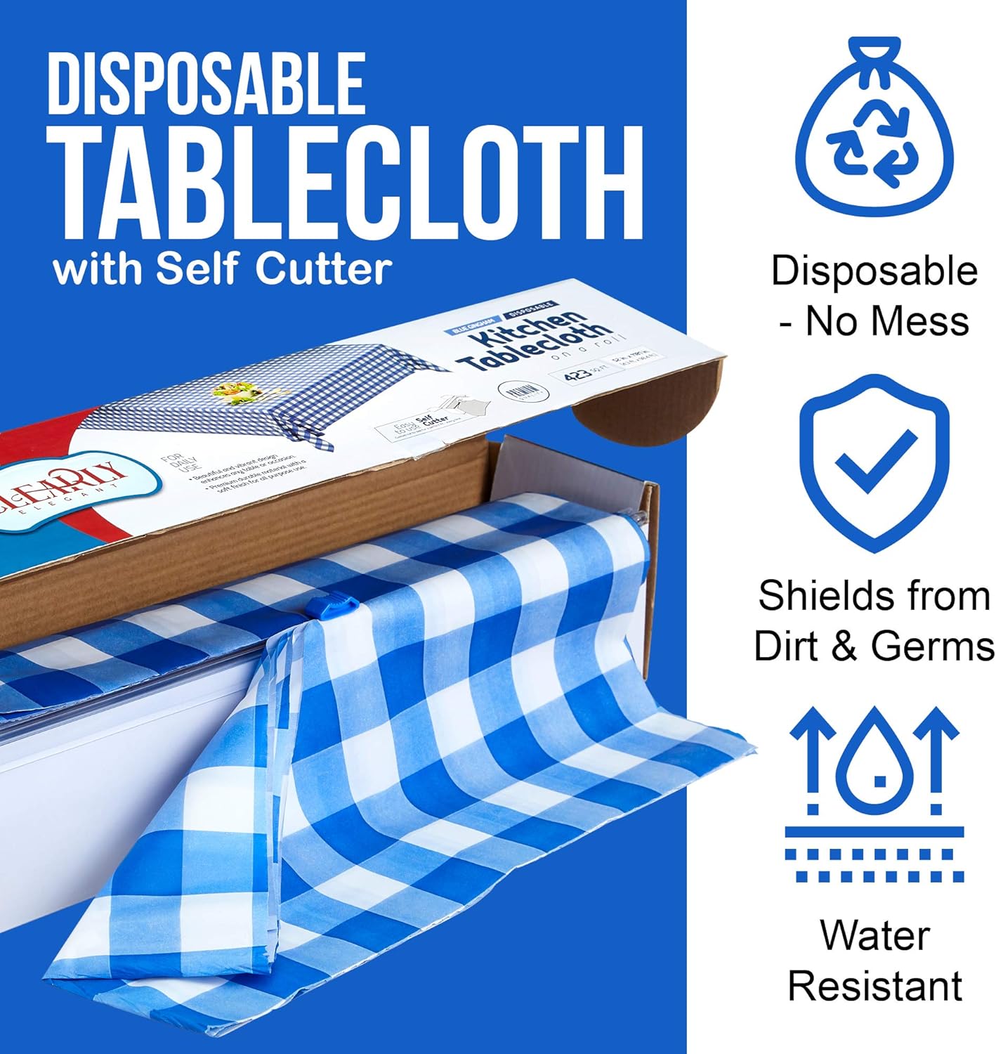 Buу 1 gеt 1 🔥 Gingham Picnic/Party Plastic Tablecloth Roll, Disposable Picnic Colored Table Cloth On a Roll with Self Cutter Box,Indoor/Outdoor, by Clearly Elegant (2 Rolls Blue Gingham)
