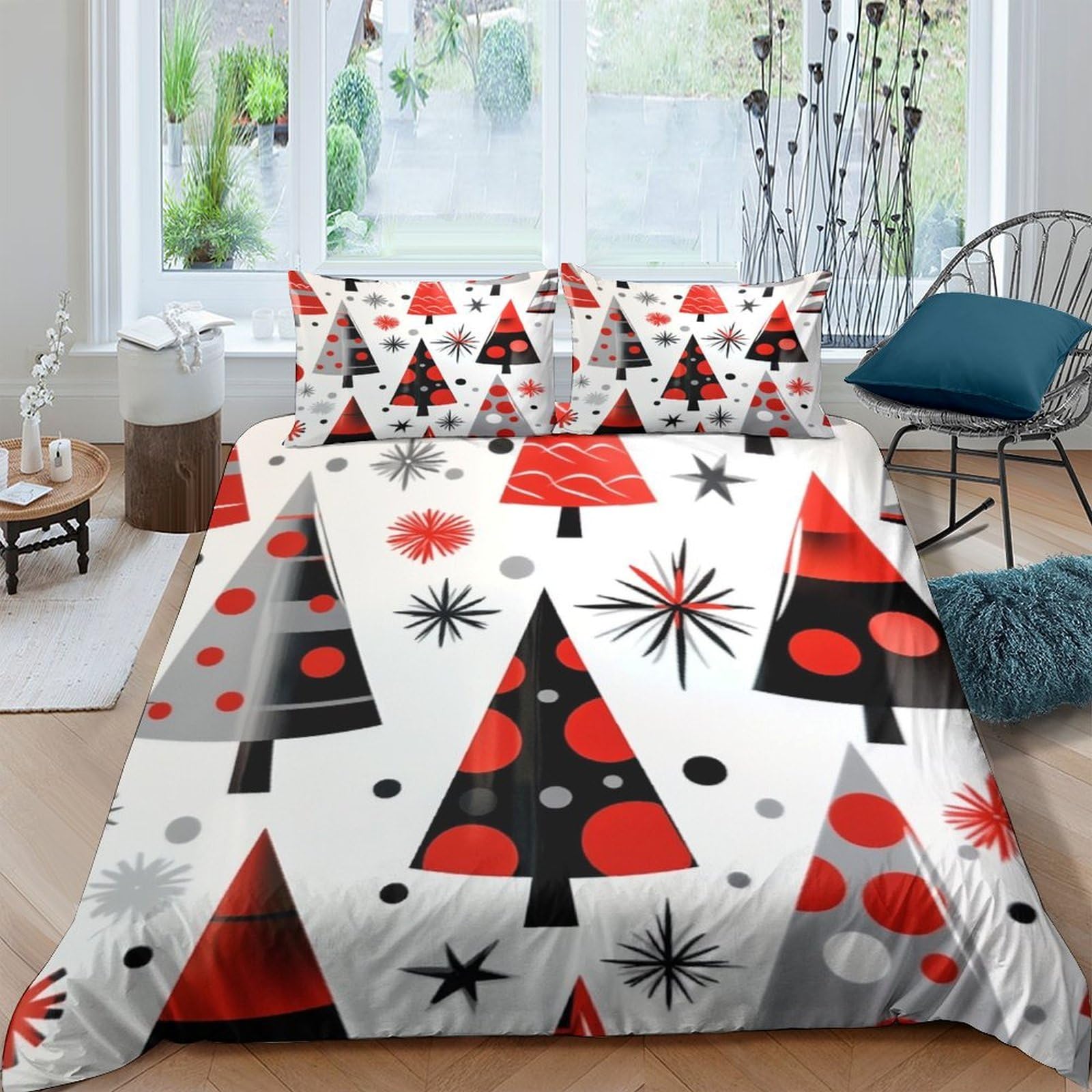 GPLZQXKJNH 3D Printed Christmas Tree Duvet Cover Microfiber Soft Breathable Snowflake Bedding Set with 2 Pillowcases for Bedroom Decor Single（135x200cm）