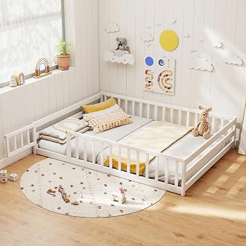 KOMFOTT Full Size Wood Floor Bed with Door & Fence, Montessori Bed Frame with Full Length Safety Guardrails, Door & Latch, Wooden Montessori Floor Bed for Kids, Girls, Boys Full,White