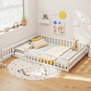 KOMFOTT Full Size Wood Floor Bed with Door & Fence, Montessori Bed Frame with Full Length Safety Guardrails, Door & Latch, Wooden Montessori Floor Bed for Kids, Girls, Boys (Full,White)