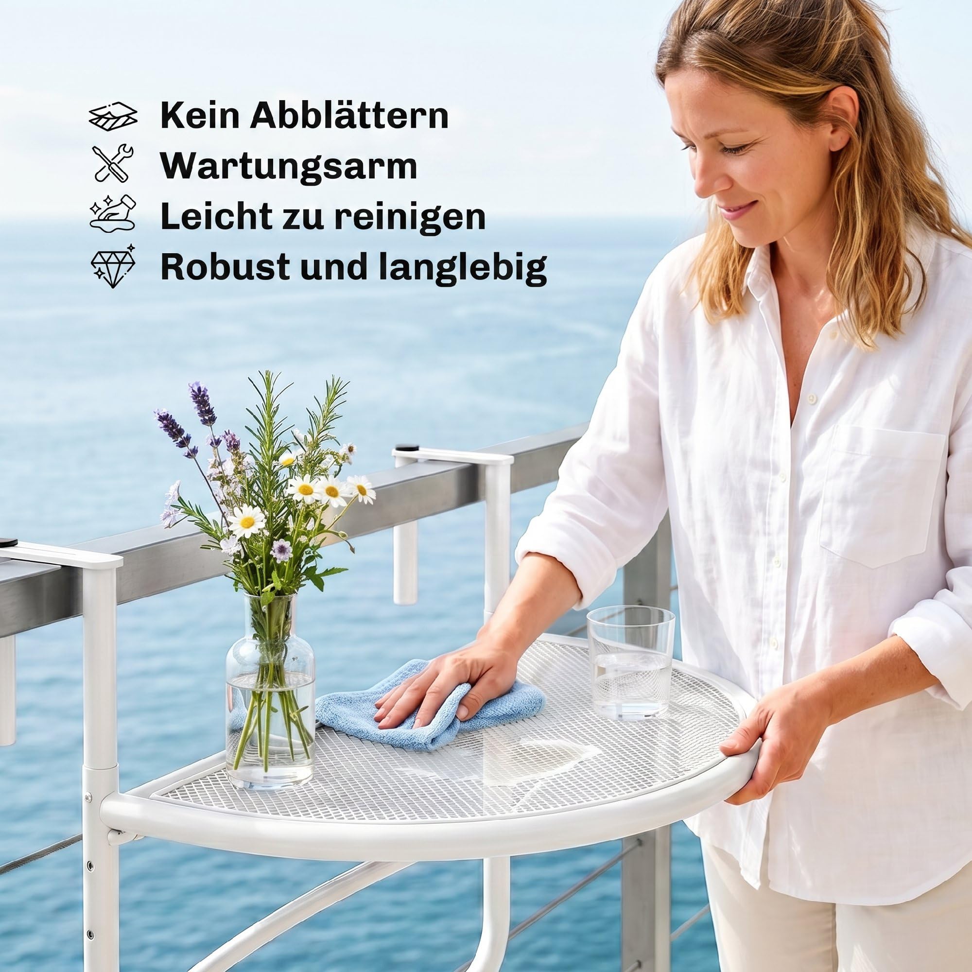 Outsunny Table Suspendue pour Balcon - Table de Jardin - Hauteur réglable - Semi-Ronde - Diamètre : 30 cm - Métal - Blanc - L 60 x l 45 x H 50 cm