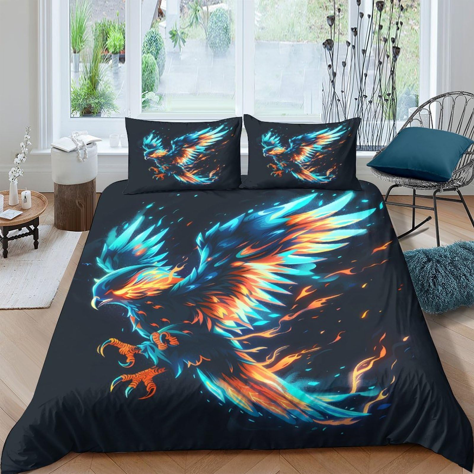 GPLZQXKJNH 3D Printed Blue Fire Phoenix Duvet Cover Microfiber Soft Breathable Orange Abstract Bedding Set with 2 Pillowcases Single（135x200cm）