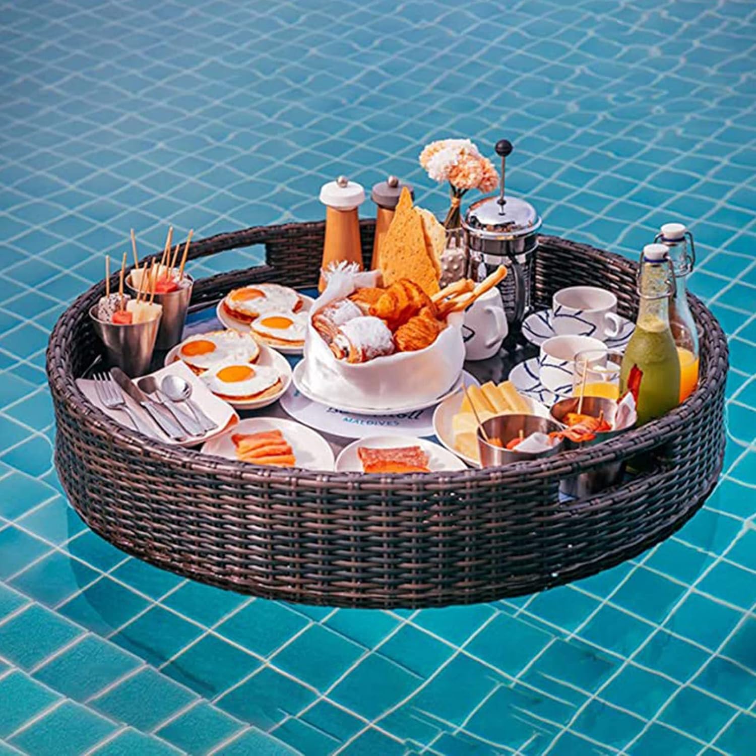 GaRcan Round Rattan Floating Breakfast Tray, Swimming Pool Floats, Floating Tray for Pool for Adults for Sandbars Spas Bath and Parties and Outdoor Bar,Coffee