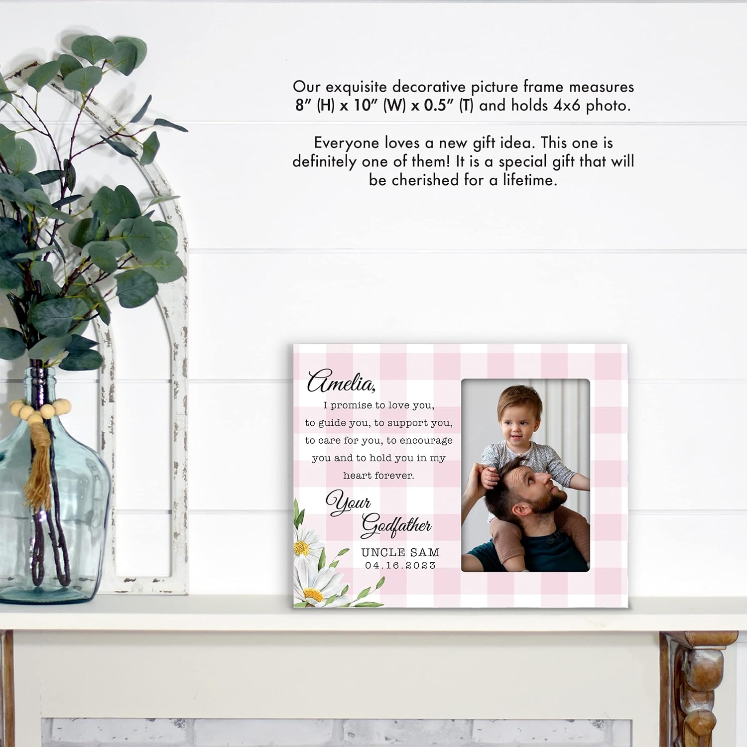 LifeSong Milestones Personalized Wooden Baptism Photo Frame for Godfather to Goddaughter - The Perfect Christening and Baptism Souvenir holds 4x6 picture