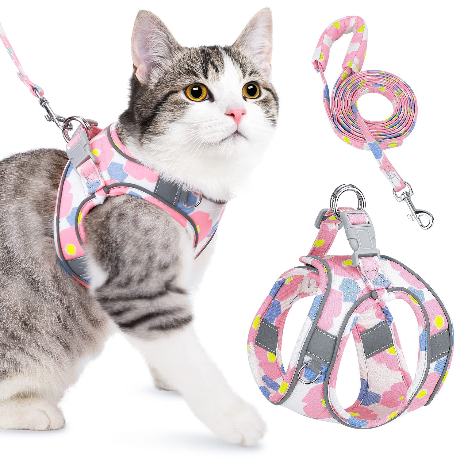 Eyein Cat Harness and Lead Set for Walking, Adjustable Soft Sturdy Faux Suede Escape Proof Kitten Vest Harness and leash with Reflective Strip for Large Medium Small Cat